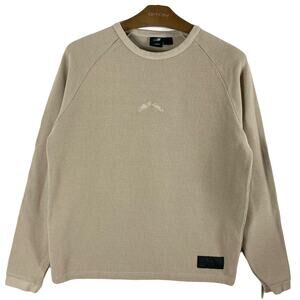 PULL&BEAR Sweater Men~L Chest46” Beige Waffle Stretchy-Cotton Logo-Embroidery